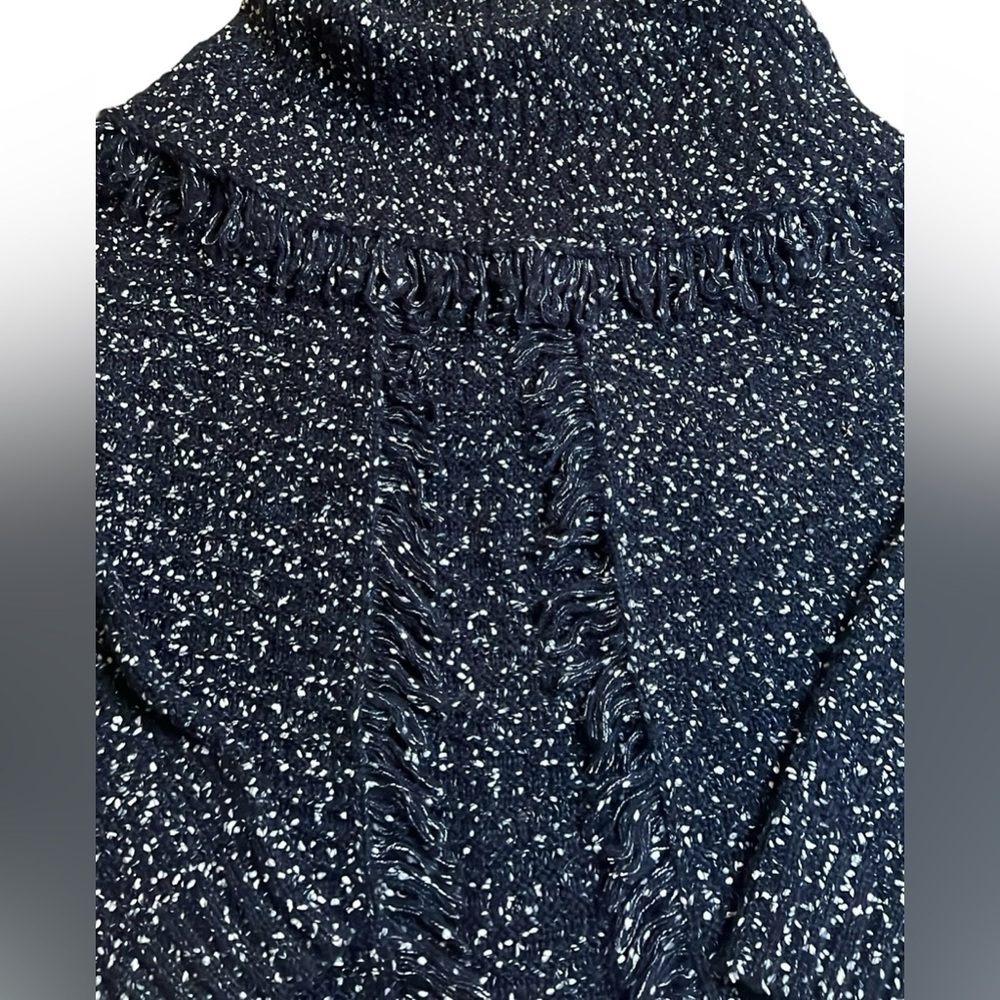 EUC POL by Anthropologie Cotton Blend Navy Blue Cowlneck Fringe Sweater Medium - Picture 3 of 9